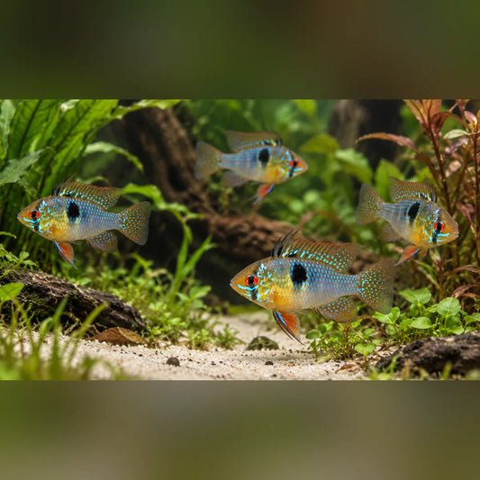 Four German Blue Rams with blue, orange, and black coloration swimming in a planted tank with green plants, sand, and driftwood.